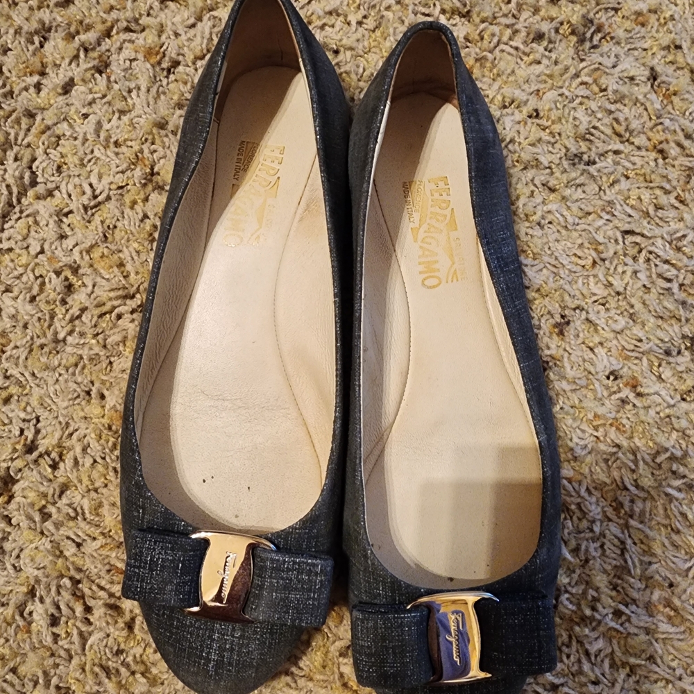 Salvatore Ferragamo Charcoal Flats with Gold Buckle